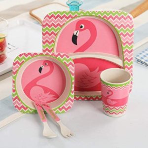 COFFRET VAISSELLE 5 PIECES EN FIBRE DE BAMBOU FLAMANT ROSE